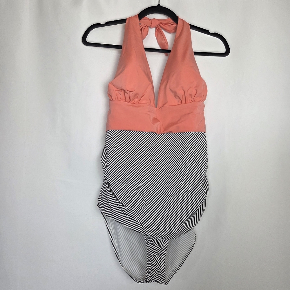 Peach Black And White Stripe One Piece bathing Suit Tummy Control XL